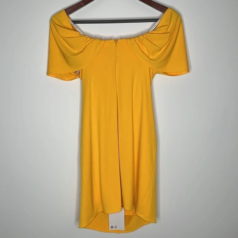 Self-Portrait Dress Bodycon Mini Size 8 Yellow Jersey Off-Shoulder Ruched - Picture 4 of 13